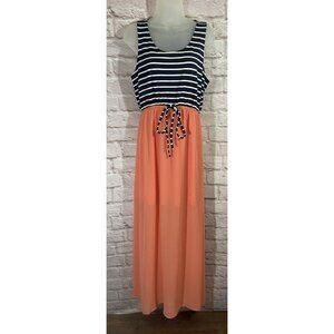 NEW THML Striped Racerback Knit Stretch Maxi Dress Large Tie Elastic Waist